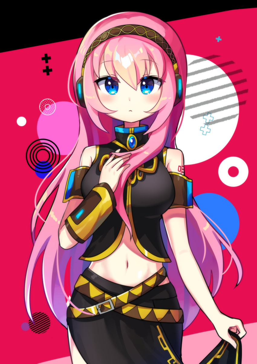 1girl absurdres black_skirt blue_eyes breasts closed_mouth cowboy_shot eyebrows_visible_through_hair hand_on_own_chest headphones highres large_breasts long_hair looking_at_viewer megurine_luka multicolored_background navel offbeat pink_hair skirt solo standing tattoo vocaloid