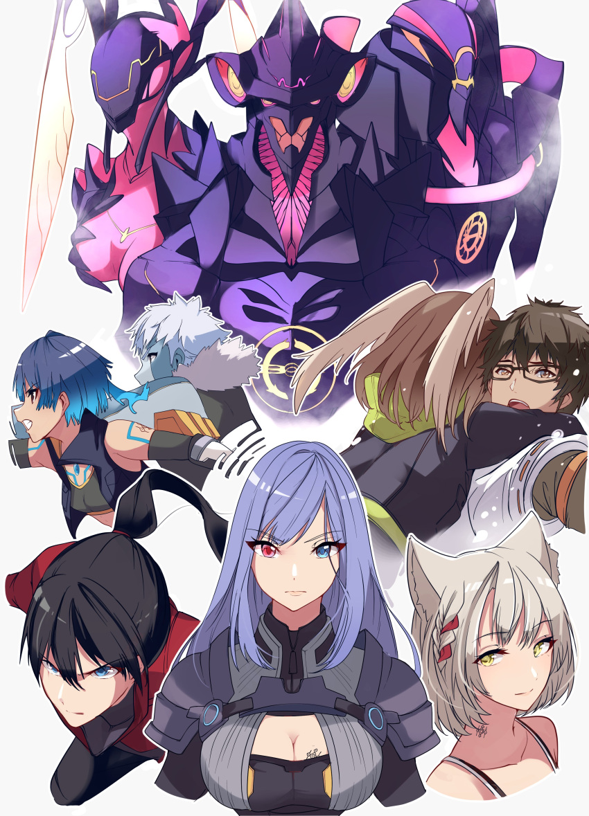 absurdres animal_ears bangs black_bodysuit black_choker black_hair black_jacket blue_eyes bodysuit breast_tattoo breasts camisole cat_ears chakram chest_jewel choker collarbone eunie_(xenoblade) eyebrows_visible_through_hair hair_tie head_wings heterochromia highres hood hug jacket leggings long_hair looking_at_viewer mechanical_shoes mio_(xenoblade) multiple_boys noah_(xenoblade) open_clothes open_jacket open_mouth origami pantyhose ponytail red_jacket redhead risumi_(taka-fallcherryblossom) sena_(xenoblade) short_hair shoulder_strap simple_background skirt small_breasts smile sword taion_(xenoblade) tank_top tattoo weapon white_camisole white_hair white_jacket white_skirt white_tank_top white_wings wings xenoblade_chronicles_(series) xenoblade_chronicles_3 yellow_eyes