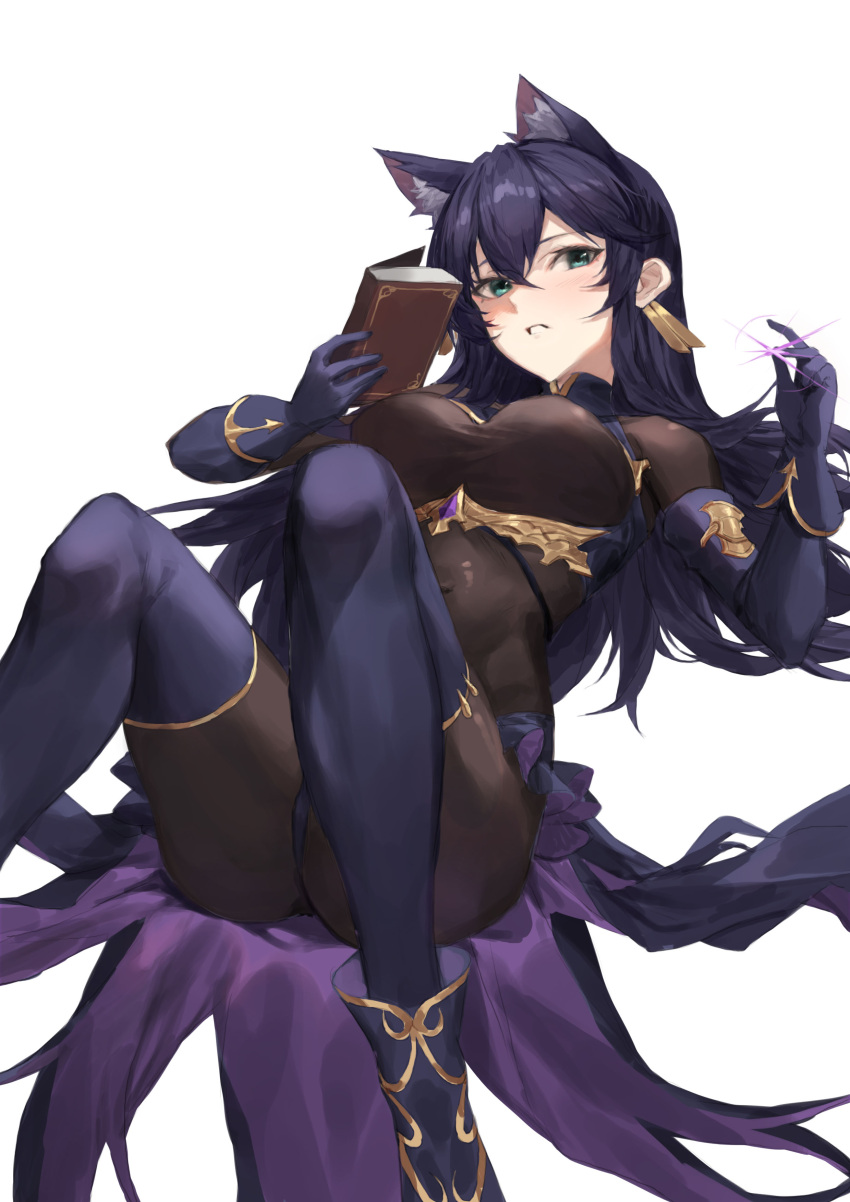 1girl absurdres animal_ears bangs black_bodysuit blush bodysuit book boots breasts earrings extra_ears gloves green_eyes highres holding holding_book jewelry long_hair looking_at_viewer lying magic molyb on_back open_mouth original purple_footwear purple_gloves purple_hair purple_legwear simple_background solo thigh-highs white_background