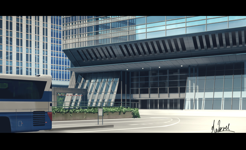 building bus cityscape commentary_request ground_vehicle hakuurei_amano highres letterboxed motor_vehicle no_humans original outdoors reflection road scenery street watermark