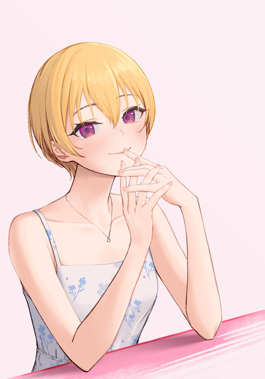 1girl absurdres blonde_hair breasts closed_mouth collarbone dress floral_print hair_between_eyes highres idolmaster idolmaster_shiny_colors jewelry necklace own_hands_together saijou_juri short_hair sjuno small_breasts smile solo spaghetti_strap upper_body violet_eyes