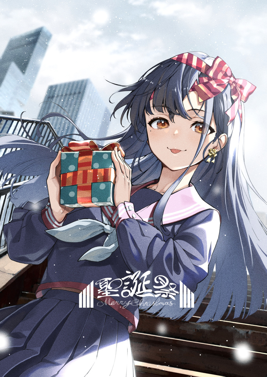 1girl :p absurdres bangs blouse blue_hair bow box building commentary_request earrings eyebrows_visible_through_hair floating_hair gift gift_box hair_ribbon hands_up highres holding holding_gift jewelry kabu_(niniko2ko) long_sleeves looking_at_viewer merry_christmas neckerchief orange_eyes original pleated_skirt railing ribbon sailor_collar school_uniform serafuku skirt sky snowing solo stairs tongue tongue_out upper_body white_neckerchief wind