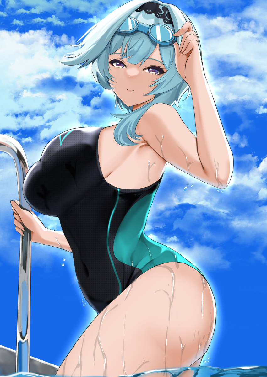 1girl absurdres bangs bare_shoulders black_hairband black_swimsuit blue_hair blue_sky blush breasts eula_(genshin_impact) genshin_impact goggles goggles_on_head hairband highleg highleg_swimsuit highres large_breasts looking_at_viewer medium_hair one-piece_swimsuit pool_ladder sidelocks sky smile solo swimsuit thighs tian_kazuki violet_eyes water wet