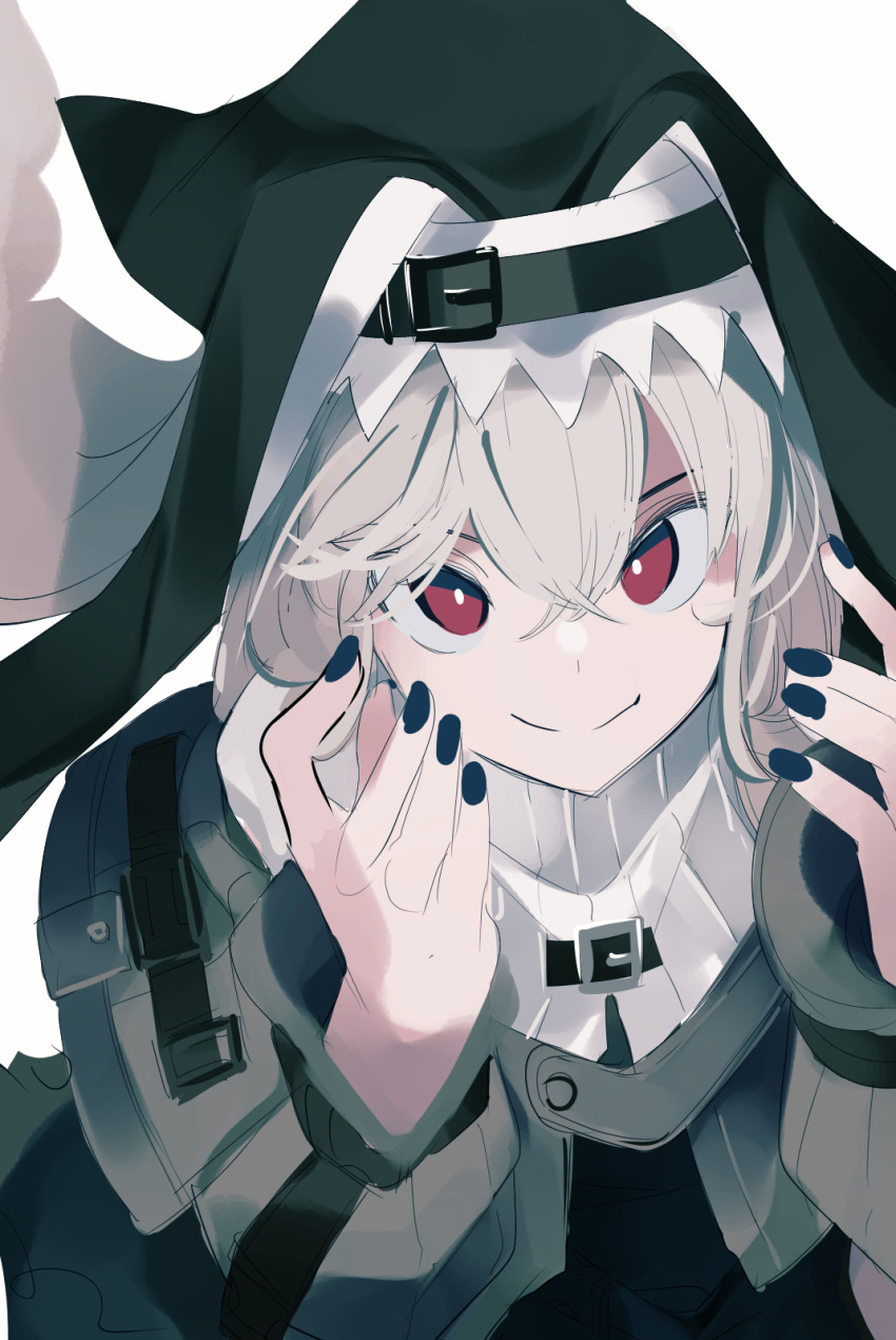&gt;:) 1girl arknights bangs black_dress black_nails closed_mouth dress eyebrows_behind_hair grey_hair habit hair_between_eyes hands_up highres long_sleeves looking_at_viewer nail_polish nun red_eyes simple_background smile solo specter_(arknights) tetuw v-shaped_eyebrows veil white_background
