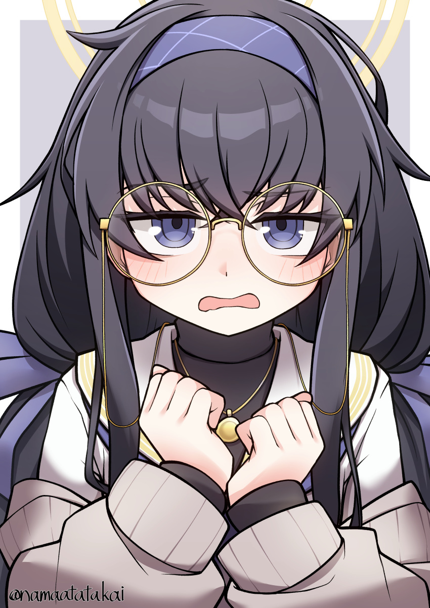 1girl absurdres bangs black_hair blue_archive blue_eyes blue_hairband blue_ribbon blush cardigan commentary_request glasses hair_ribbon hairband highres jewelry long_hair long_sleeves looking_at_viewer low_twintails namaata necklace open_mouth ribbon round_eyewear sailor_collar simple_background solo twintails twitter_username two-tone_background ui_(blue_archive) upper_body very_long_hair wavy_mouth white_sailor_collar