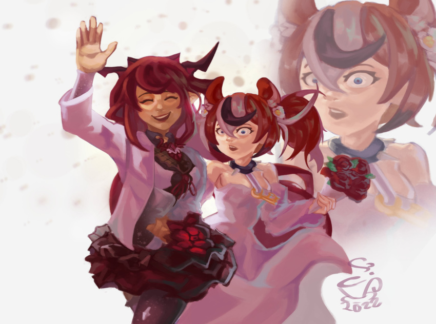 2girls animal_ears bare_shoulders blue_eyes bouquet bride couple dress elbow_gloves frills gloves hakos_baelz highres hololive hololive_english horns irys_(hololive) kapecin0 key long_hair mouse_ears mouse_girl multicolored_hair multiple_girls open_mouth pink_dress pointy_ears purple_hair redhead veil virtual_youtuber wedding_dress white_hair yuri