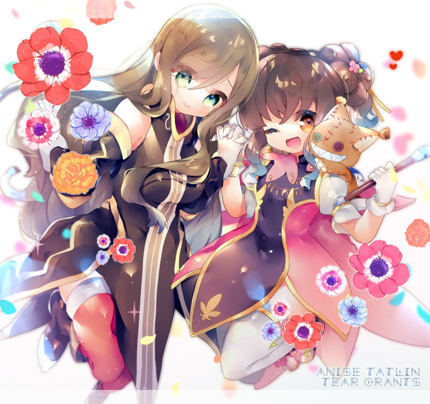 2girls anise_tatlin bare_shoulders black_hair blue_eyes boots brown_hair detached_sleeves dress gloves high_collar highres holding_hands long_hair looking_at_viewer multiple_girls one_eye_closed orange_hair petals red_legwear smile tales_of_(series) tales_of_the_abyss tear_grants thigh-highs tokunaga twintails white_gloves yun_(dust-i1)
