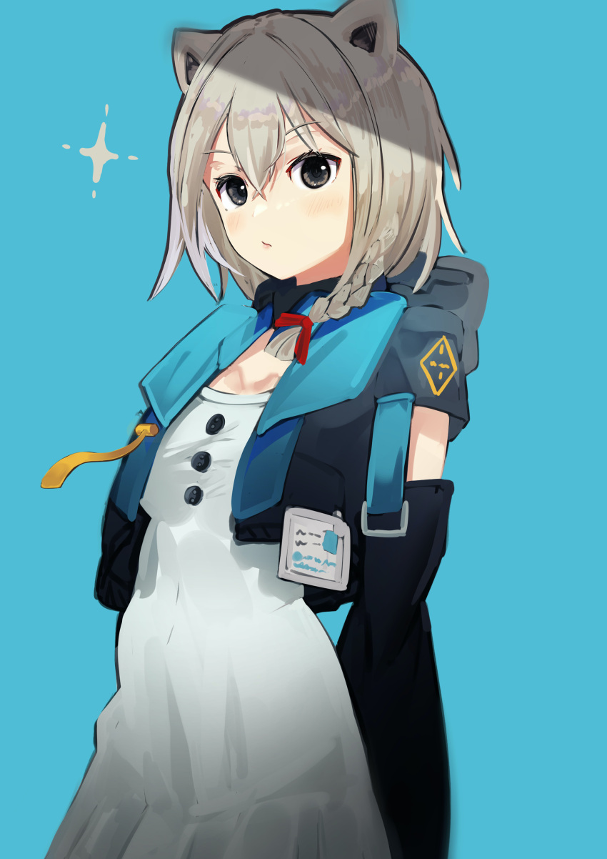 1girl absurdres animal_ears arms_behind_back bear_ears blue_background braid closed_mouth cropped_jacket detached_sleeves dress grey_eyes grey_hair hair_ribbon highres id_card indie_virtual_youtuber jacket kumagai_chisato looking_at_viewer open_clothes open_jacket red_ribbon ribbon short_hair simple_background single_braid solo sparkle torikaze_ito white_dress