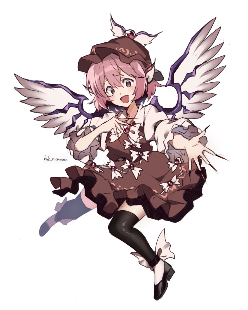 1girl :d absurdres animal_ears bangs bird_ears bird_wings black_footwear blush bow bow_legwear brown_dress brown_headwear brown_legwear dress feathered_wings frilled_sleeves frills full_body hand_on_own_chest hat high_heels highres juliet_sleeves kamenozoki_momomo long_sleeves looking_at_viewer mystia_lorelei one-hour_drawing_challenge open_mouth pink_bow pink_eyes pink_hair puffy_long_sleeves puffy_sleeves shirt short_hair simple_background smile solo touhou twitter_username undershirt very_long_fingernails white_background white_shirt white_wings winged_hat wings