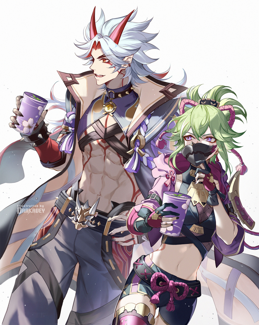 1boy 1girl abs arataki_itto black_nails black_shorts body_markings bracelet coat crop_top cup darkavey drink ear_piercing facial_mark fingerless_gloves fishnets genshin_impact gloves green_hair hair_ornament highres holding holding_cup horns jacket jewelry kuki_shinobu long_hair mask midriff mouth_mask nail_polish navel ninja ninja_mask oni open_clothes open_coat pants piercing ponytail purple_jacket red_eyes short_shorts shorts simple_background smile spiked_bracelet spikes tattoo thigh-highs topless_male twitter_username white_background white_hair