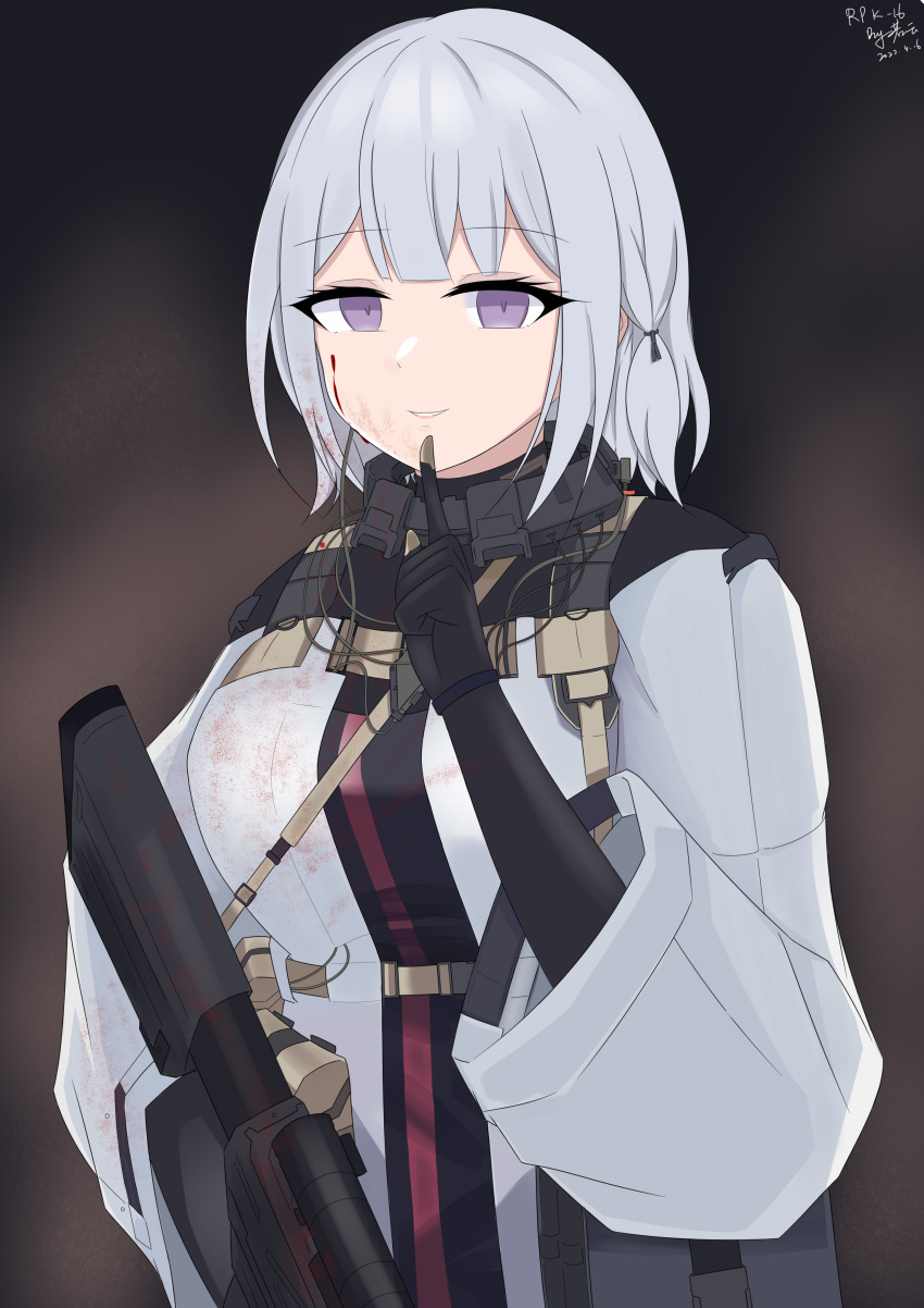1girl absurdres bangs blood blood_on_clothes blood_on_face breasts character_name commentary_request dated eyebrows_visible_through_hair girls_frontline gloves gun highres long_sleeves looking_at_viewer machine_gun parted_lips rpk-16 rpk-16_(girls'_frontline) ruoyun short_hair signature silver_hair smile solo tactical_clothes upper_body violet_eyes weapon