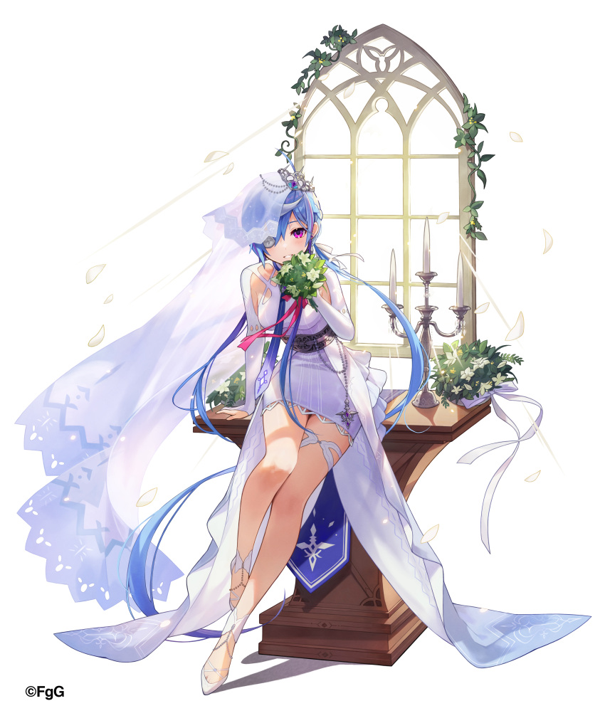 1girl absurdres ahoge belt blue_hair blush bouquet bow braid bridal_gauntlets bridal_veil candelabra candle dress earrings eyepatch flower hakasesuitchi highres holding holding_bouquet holding_flower jewelry light_blue_hair light_rays long_hair looking_at_viewer multicolored_hair parted_lips petals phantom_of_the_kill purple_hair see-through simple_background single_earring smile solo thigh_strap tiara twintails veil veins very_long_hair violet_eyes wedding_dress white_background white_bow white_flower white_footwear white_hair window