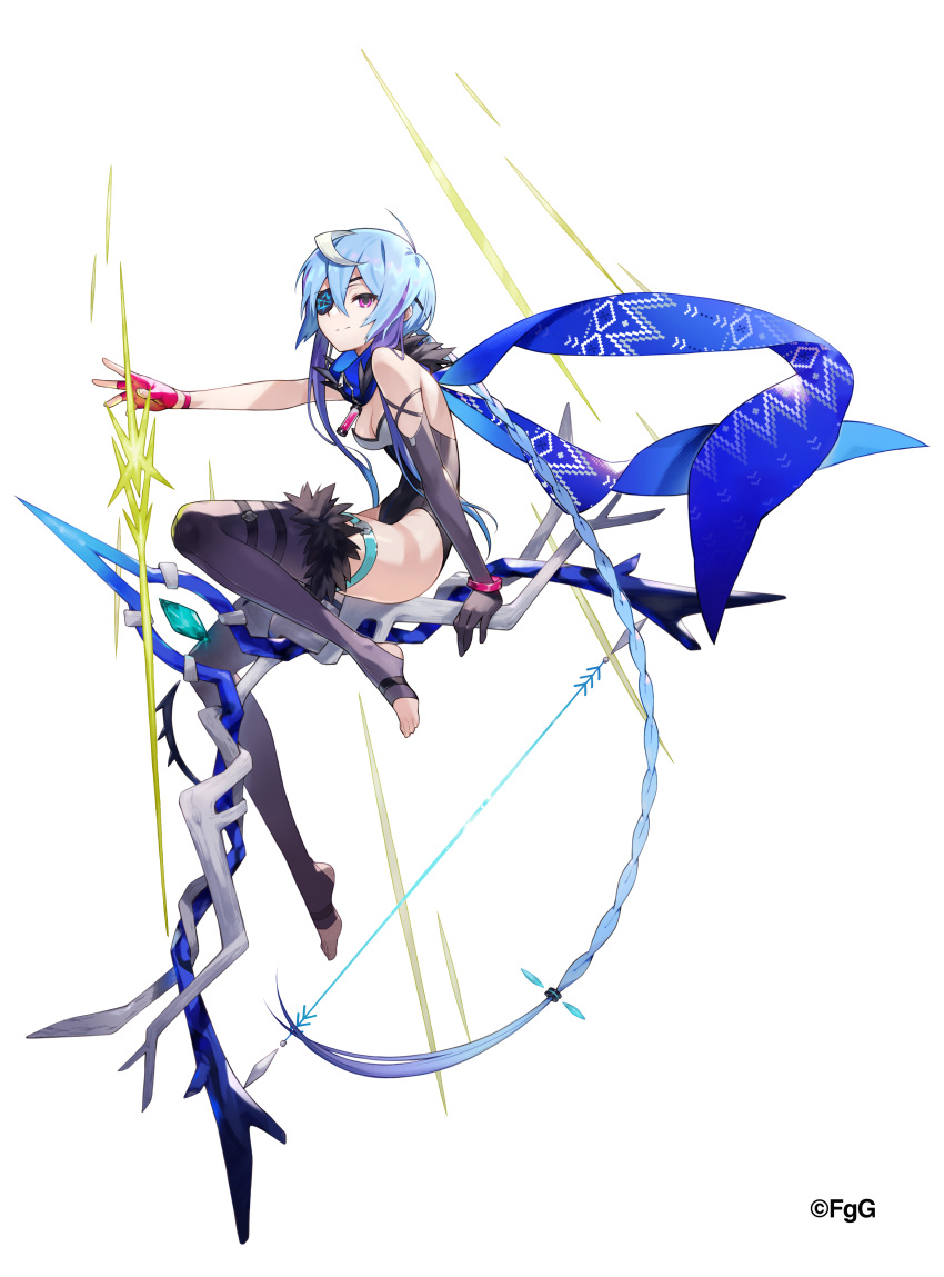 1girl absurdres arrow_(projectile) asymmetrical_gloves bare_shoulders black_gloves blue_hair blue_scarf bow_(weapon) closed_mouth elbow_gloves eyebrows_visible_through_hair eyepatch fingerless_gloves fingernails fur-trimmed_legwear fur_trim gem glint gloves hakasesuitchi highres light_blue_hair long_hair mismatched_gloves multicolored_hair no_shoes phantom_of_the_kill pink_gloves ponytail purple_hair scarf simple_background single_fingerless_glove smile solo thigh-highs thigh_strap toenails very_long_hair vial violet_eyes weapon white_background white_hair zipper zipper_pull_tab