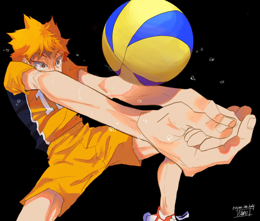 1boy azebra-was-here black_background bump_(volleyball) foreshortening haikyuu!! highres hinata_shouyou looking_at_object male_focus messy_hair orange_eyes orange_hair orange_shorts shoes shorts signature simple_background sneakers solo sportswear sweat twitter_username volleyball volleyball_uniform