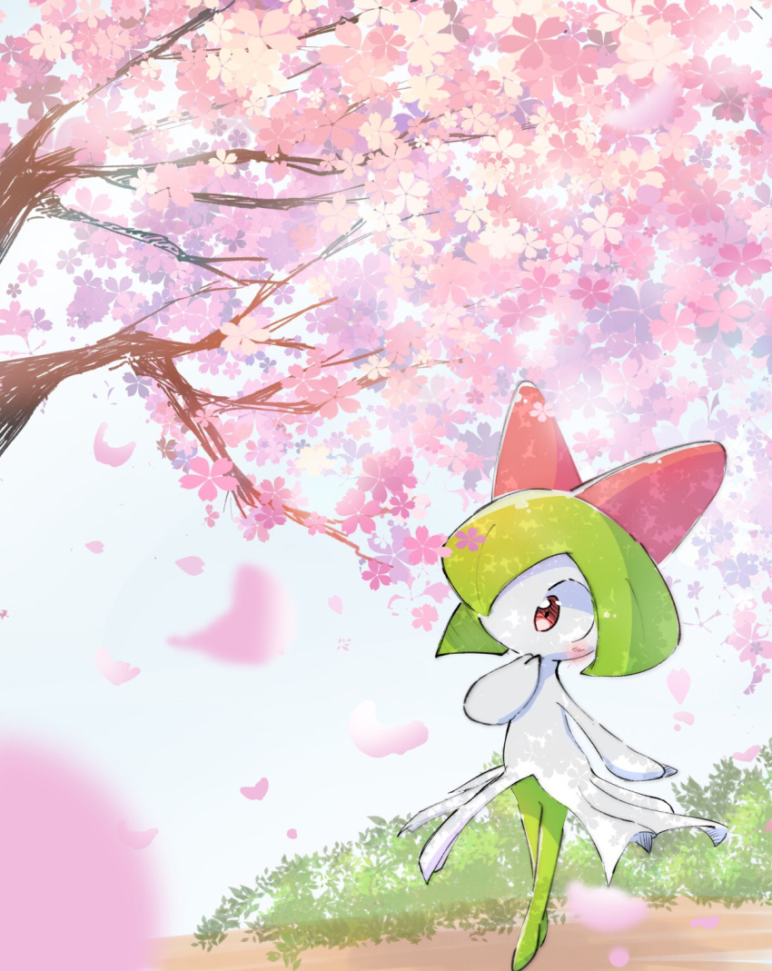 1girl bangs blurry blurry_foreground blush bush cherry_blossoms colored_skin commentary_request day flat_chest full_body green_hair green_skin hand_to_own_mouth hand_up highres kirlia legs_together multicolored_skin outdoors petals pokemon pokemon_(creature) ragia red_eyes short_hair sidelocks solo standing tree two-tone_skin white_skin wide-eyed