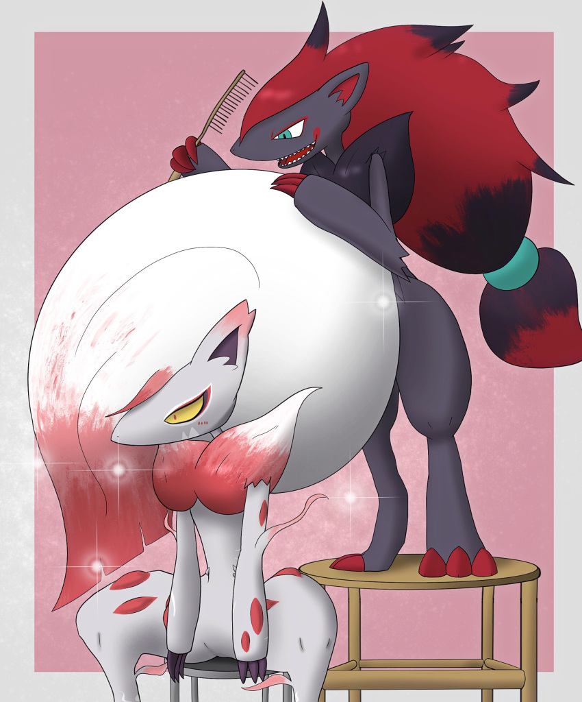 2others absurdres beranda blue_eyes blush brushing_another's_hair chair claws comb combing furry grey_fur highres hisuian_zoroark long_hair multiple_others open_mouth pokemon pokemon_(creature) pokemon_(game) pokemon_legends:_arceus red_fur redhead simple_background sitting sparkle teeth white_fur white_hair yellow_eyes zoroark