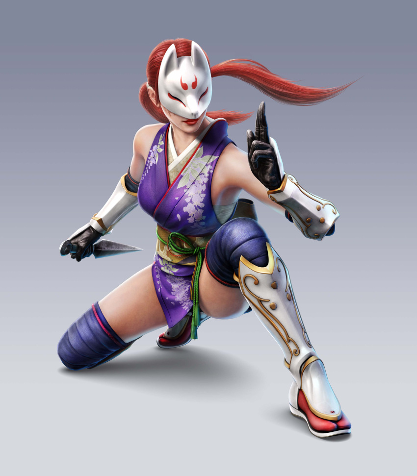 1girl absurdres fighting_stance fox_mask game_cg highres holding holding_knife holding_weapon japanese_clothes knife kunai kunimitsu_(tekken) mask ninja official_art red_lips redhead scar scar_on_face solo stand tekken tekken_tag_tournament_2 twintails weapon