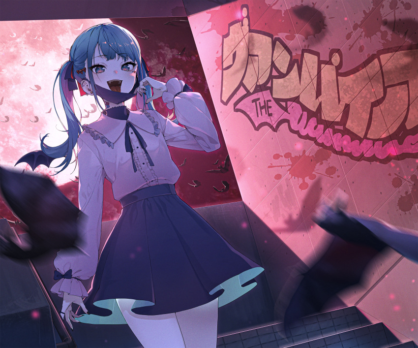 1girl arm_at_side bat blue_eyes blue_hair collared_shirt commentary_request eyebrows_visible_through_hair fangs flat_chest frilled_shirt frills full_moon graffiti hair_ribbon hand_up hatsune_miku highres kabu_(niniko2ko) long_sleeves mask mask_pull moon mouth_mask neck_ribbon night red_moon ribbon shirt skirt solo stairs standing tongue tongue_out twintails two-sided_fabric two-sided_skirt vampire vampire_(vocaloid) vocaloid