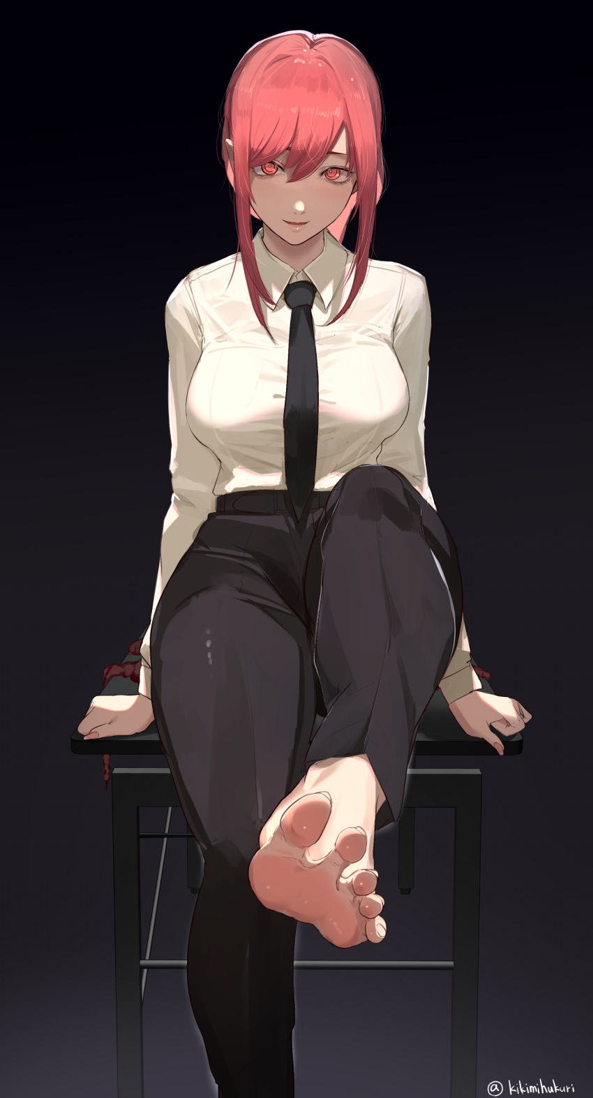 1girl absurdres barefoot black_background black_necktie black_pants blood breasts chainsaw_man chair collared_shirt commentary dress_shirt entrails eyelashes feet foot_focus foot_out_of_frame hair_between_eyes highres intestines kikimifukuri lips long_sleeves looking_at_viewer makima_(chainsaw_man) medium_breasts medium_hair necktie open_mouth organs pants red_eyes redhead ringed_eyes shirt shirt_tucked_in sidelocks simple_background sitting smile soles solo toes twitter_username white_shirt wing_collar
