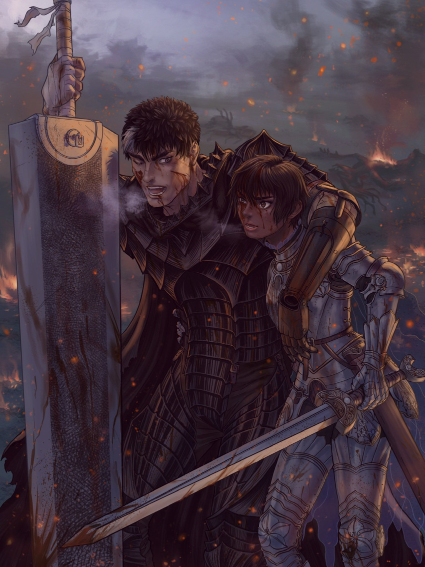 1boy 1girl arm_over_shoulder armor bandaged_arm bandages berserk berserker_armor black_hair blood blood_on_face blood_on_weapon breath casca_(berserk) commentary dark-skinned_female dark_skin dragonslayer_(sword) english_commentary greatsword guts_(berserk) hand_on_hip highres holding holding_sword holding_weapon injury looking_to_the_side multicolored_hair one_eye_closed parted_lips planted planted_sword prosthesis prosthetic_arm sheath short_hair spiky_hair standing streaked_hair sword theophiasco weapon