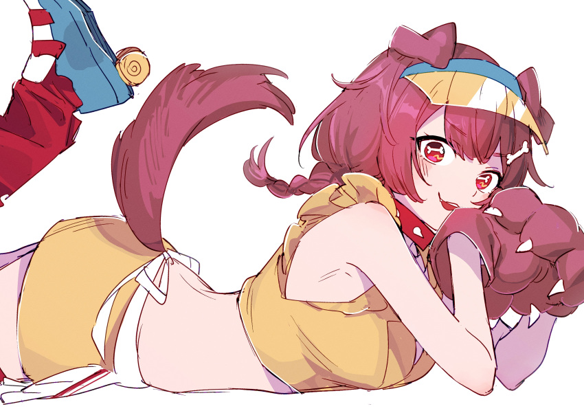 1girl absurdres aneco_(westsea1227) animal_ears animal_hands bangs bare_arms blush bone-shaped_pupils braid brown_hair crop_top dog_ears dog_girl dog_tail eyebrows_visible_through_hair feet_up from_side gloves highres hololive inugami_korone looking_at_viewer miniskirt open_mouth paw_gloves red_eyes roller_skates shirt simple_background skates skirt sleeveless sleeveless_shirt solo symbol-shaped_pupils tail tail_through_clothes virtual_youtuber white_background yellow_shirt yellow_skirt