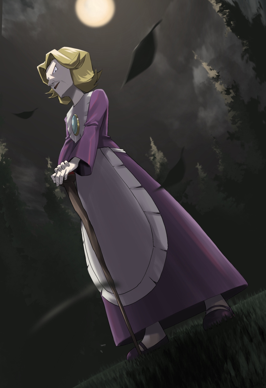 1girl absurdres agatha_(pokemon) apron black_eyes blonde_hair cane commentary_request dress flipped_hair from_below full_body gem highres holding holding_cane leaf leaves_in_wind long_sleeves medium_hair moon night open_mouth outdoors own_hands_together pearl_(gemstone) pokemon pokemon_(game) pokemon_frlg purple_dress purple_footwear shoes sky solo standing sudo_uinaro waist_apron white_apron