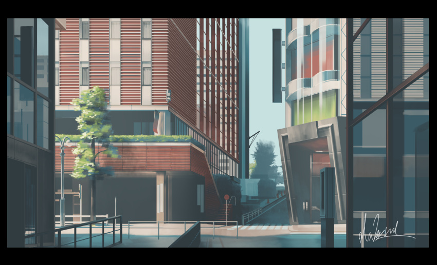 black_border blue_sky border building city cityscape commentary_request fence hakuurei_amano highres lamppost no_humans original outdoors reflection road road_sign scenery shadow sign sky street traffic_cone tree watermark