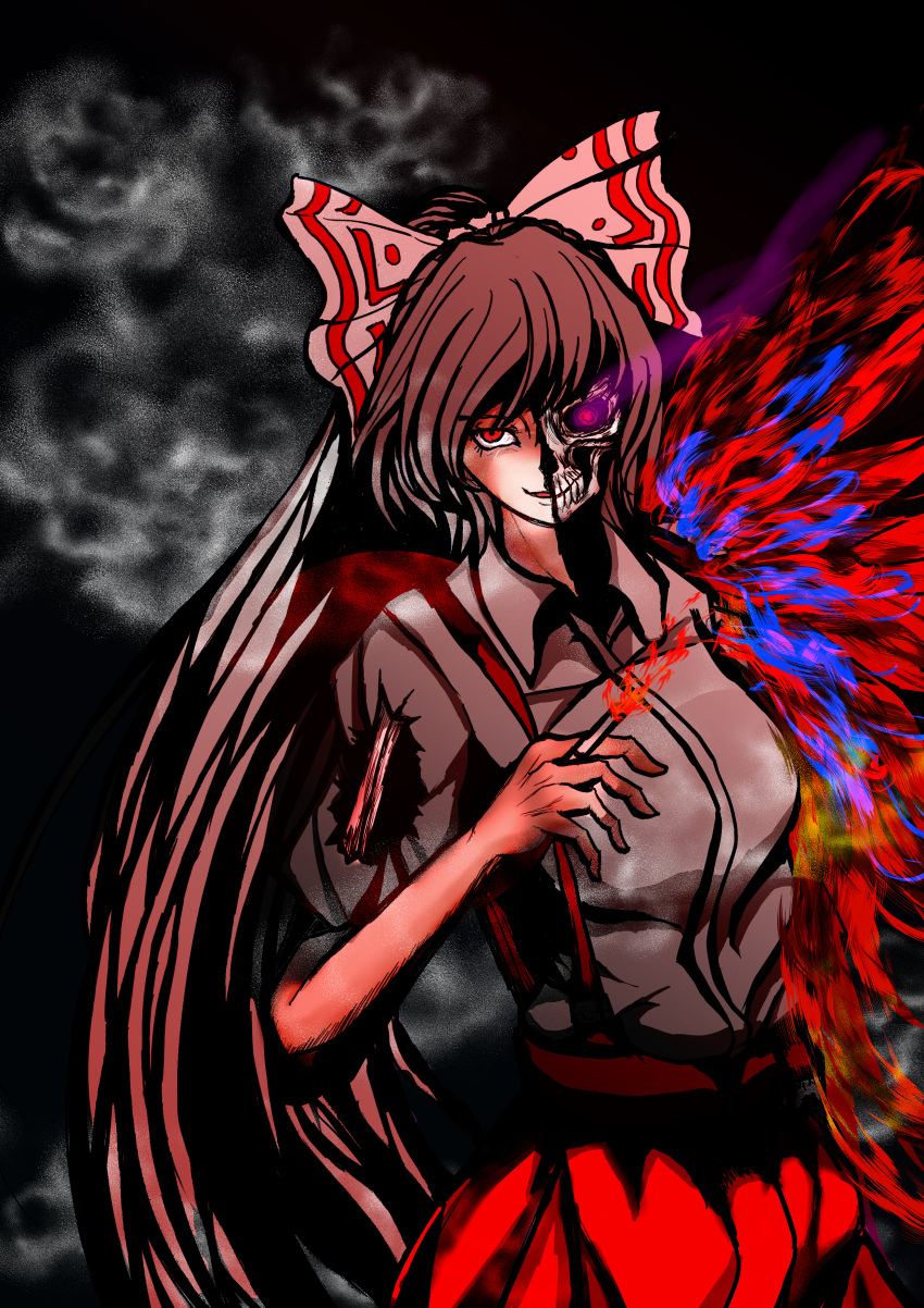 absurdres bangs black_background blood bone bow breasts cigarette collared_shirt fire fujiwara_no_mokou glowing glowing_eye guro hair_bow highres hime_cut injury light_smile long_hair pants red_eyes red_pants shirt short_sleeves silver_hair simple_background skull smoke suspenders torn_clothes torn_shirt touhou very_long_hair weedhollow_(dokuran) white_bow white_hair white_shirt