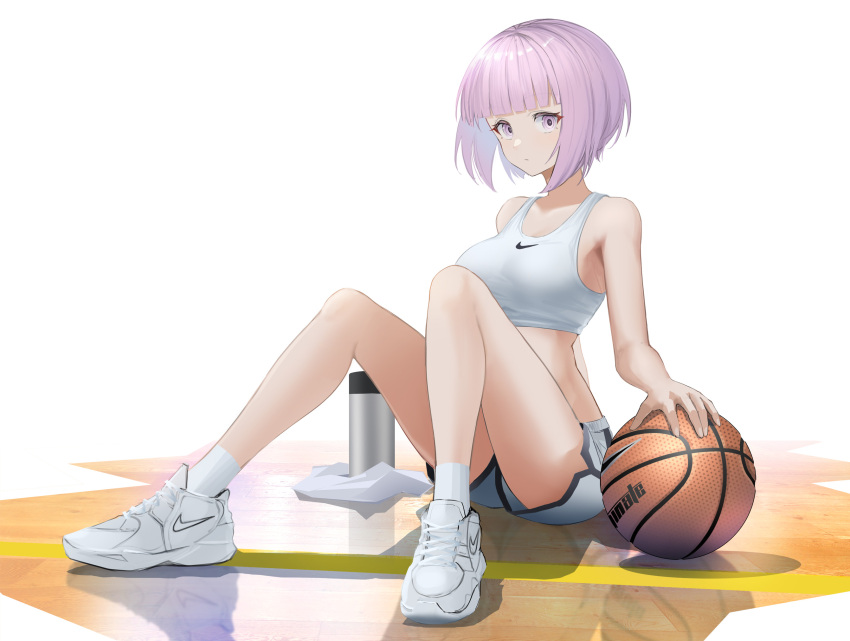 1girl ass bangs bare_shoulders basketball basketball_court blunt_bangs bob_cut bra breasts closed_mouth expressionless full_body highres large_breasts looking_at_viewer midriff nike original product_placement purple_hair shiny_floor shoes short_hair short_shorts shorts sitting sneakers socks solo sports_bra sportswear sthk thermos underwear violet_eyes white_bra white_footwear white_legwear white_shorts
