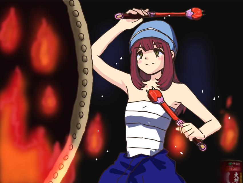 1girl beanie brown_hair drum fire hat instrument jagi_(jagi_souken) long_hair sarashi shiruko_(food) solo taiko_drum toki_ayano yellow_eyes yurucamp