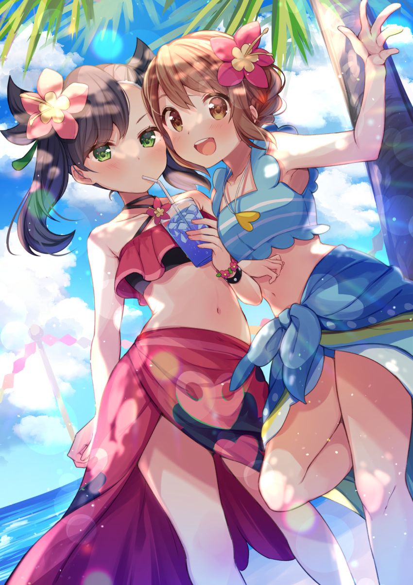 2girls :d asymmetrical_bangs bangs bare_arms black_hair blue_sarong blue_shirt blush bracelet brown_eyes brown_hair clouds commentary_request cup day drinking drinking_straw flower glass gloria_(pokemon) green_eyes hair_flower hair_ornament hand_up highres holding holding_cup jewelry kisukekun knees locked_arms marnie_(pokemon) multiple_girls navel necklace official_alternate_costume open_mouth outdoors pink_flower pokemon pokemon_(game) pokemon_masters_ex sarong shirt short_hair sky sleeveless sleeveless_shirt smile swimsuit teeth tongue upper_teeth