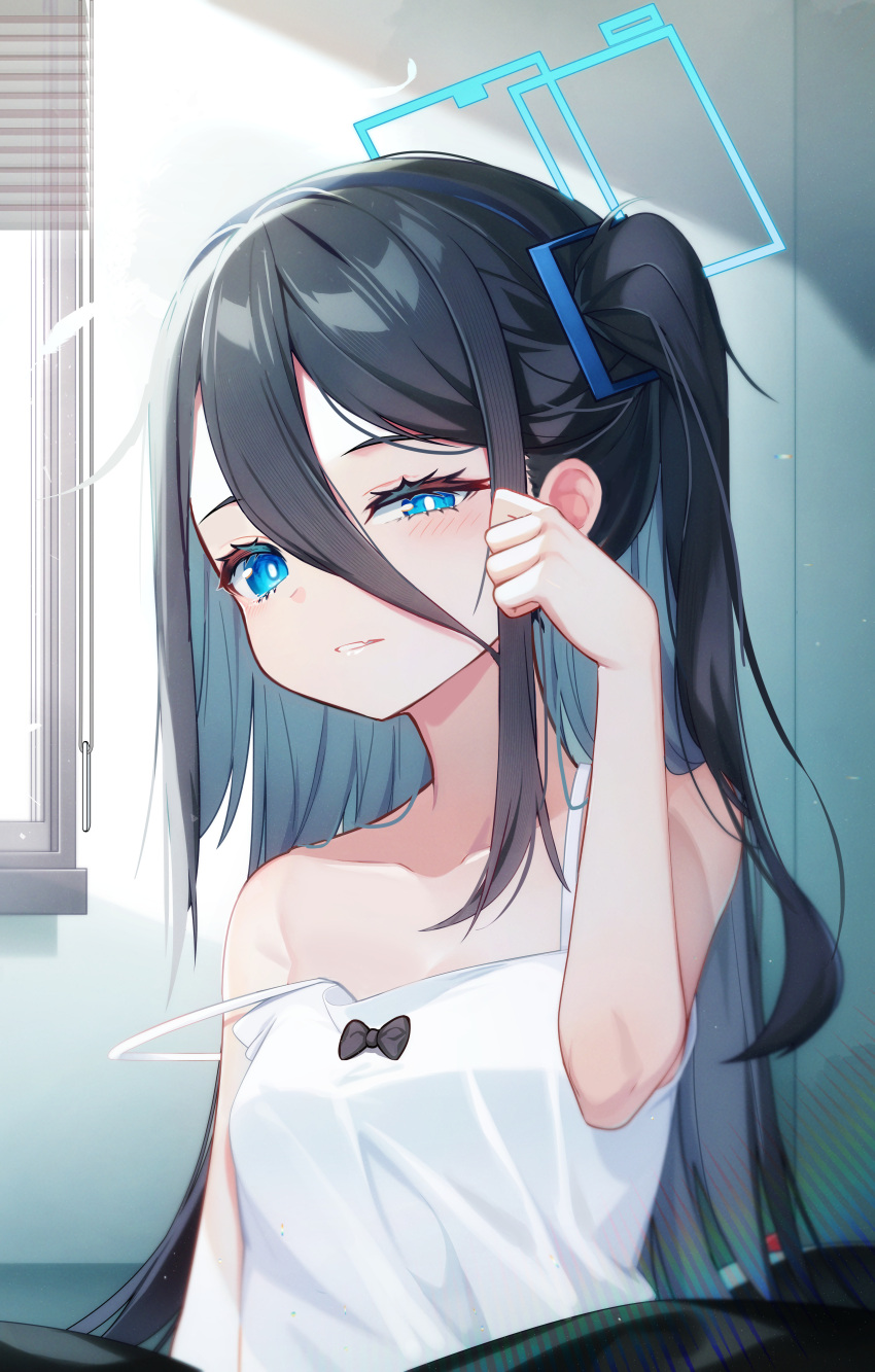 1girl absurdres arisu_(blue_archive) bangs bare_arms bare_shoulders black_hair blinds blue_archive blue_eyes blue_hair blurry breasts camisole collarbone commentary_request depth_of_field hair_between_eyes halo hand_up highres indoors long_hair looking_at_viewer multicolored_hair one_side_up pajamas parted_lips revision rubbing_eyes sidelocks small_breasts solo strap_slip sugar_(dndi888) two-tone_hair very_long_hair waking_up white_camisole window