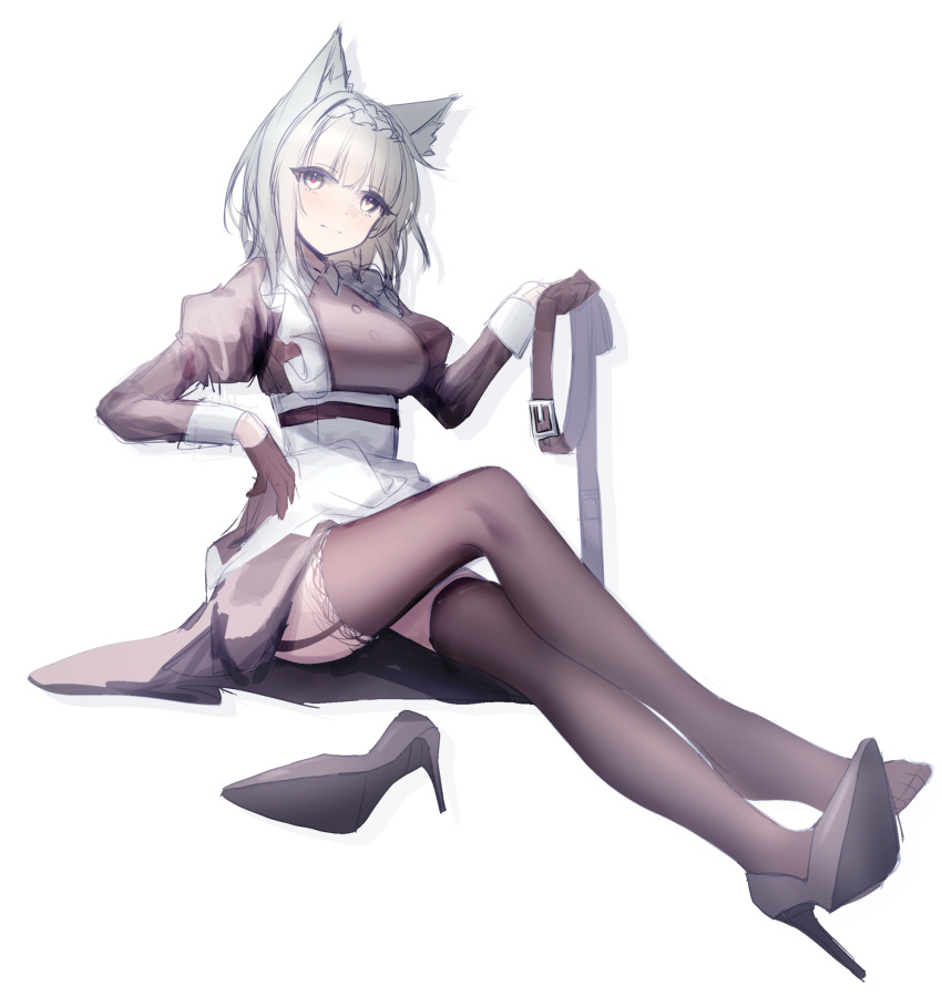 1girl animal_ear_fluff animal_ears apron arknights bangs black_dress black_footwear black_gloves black_legwear blunt_bangs breasts buckle cat_ears closed_mouth crossed_legs dress eyebrows_visible_through_hair foreshortening full_body garter_straps gloves grey_eyes high_heels highres holding juliet_sleeves kal'tsit_(arknights) large_breasts long_sleeves looking_at_viewer maid_headdress official_alternate_costume puffy_sleeves shoes shoes_removed short_hair silver_hair simple_background sitting smile solo thigh-highs white_apron white_background woodsbench