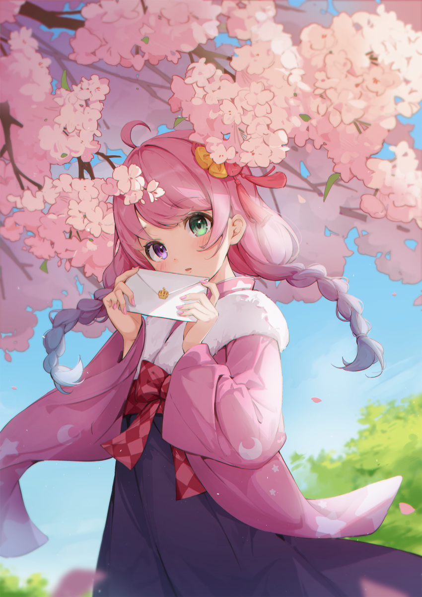 1girl ahoge blue_hair blush bow braid breasts checkered_bow checkered_clothes cherry_blossoms eyebrows_visible_through_hair flower fur_collar fur_trim gradient_hair green_eyes highres himemori_luna holding holding_letter hololive japanese_clothes kimono letter long_hair long_sleeves multicolored_hair nail_polish open_mouth parted_lips petals pink_flower pink_hair pink_kimono pink_nails purple_skirt red_bow shyi skirt solo standing twin_braids twintails violet_eyes virtual_youtuber wide_sleeves