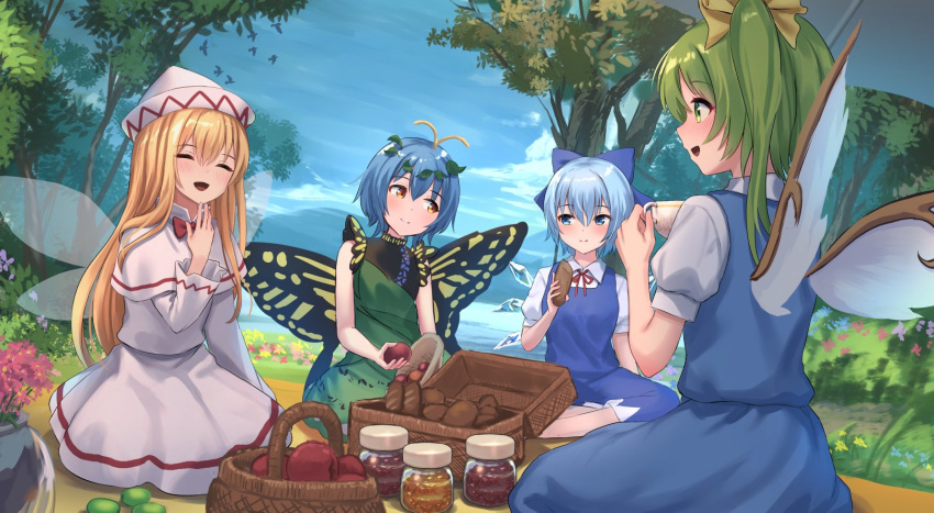 antennae aqua_hair basket blonde_hair blue_bow blue_dress blue_eyes blue_hair blush bow butterfly_wings capelet cirno closed_eyes daiyousei dress eternity_larva eyebrows_visible_through_hair fairy fairy_wings food green_dress green_hair hair_between_eyes hair_bow hair_ribbon hat highres ice ice_wings leaf leaf_on_head lily_white long_hair long_sleeves multicolored_clothes multicolored_dress multiple_girls open_mouth picnic picnic_basket ribbon roke_(taikodon) short_hair short_sleeves side_ponytail skirt smile tea touhou tree wings