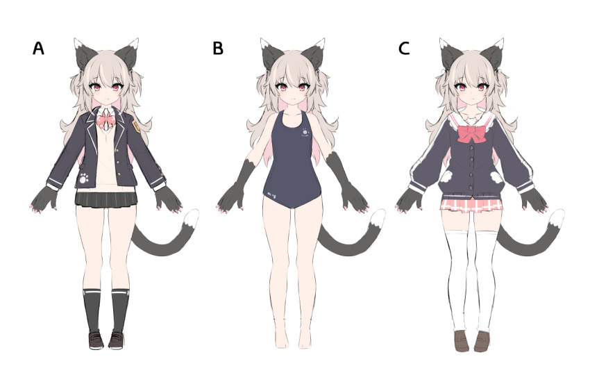 1girl animal_ears animal_hands bangs bare_legs bare_shoulders barefoot black_jacket black_skirt black_swimsuit blazer bow brown_hair cat_ears cat_girl cat_tail closed_mouth collared_shirt eyebrows_visible_through_hair hair_between_eyes jacket long_hair long_sleeves looking_at_viewer multicolored_hair multiple_views one-piece_swimsuit open_clothes open_jacket original pink_hair pink_skirt pleated_skirt puffy_long_sleeves puffy_sleeves red_bow red_eyes sailor_collar school_uniform shirt simple_background skirt sweater_vest swimsuit tail two-tone_hair two_side_up ug_(nekonekodou) very_long_hair white_background white_sailor_collar white_shirt