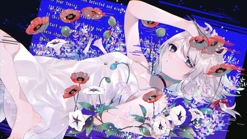 1girl absurdres alternate_costume animal_ears bear_ears blue_background blue_screen_of_death braid choker closed_mouth collarbone commentary_request distortion dress flower grey_eyes hair_ribbon hair_spread_out hand_to_forehead highres holding holding_flower indie_virtual_youtuber katai_(nekoneko0720) knee_up kumagai_chisato leaf looking_at_viewer lying morning_glory on_back poppy_(flower) red_ribbon ribbon short_hair silver_hair single_braid solo sparkle white_dress