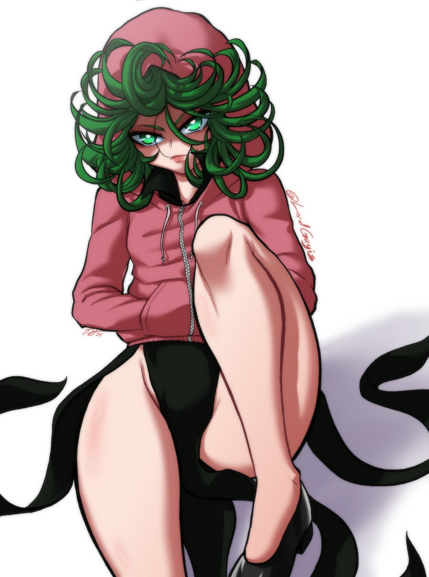 absurdres bright_pupils curly_hair dress flat_chest green_eyes green_hair hands_in_pockets highres hood hood_up hooded_jacket hoodie jacket looking_at_viewer lord_guyis one-punch_man pink_jacket tatsumaki thighs white_pupils
