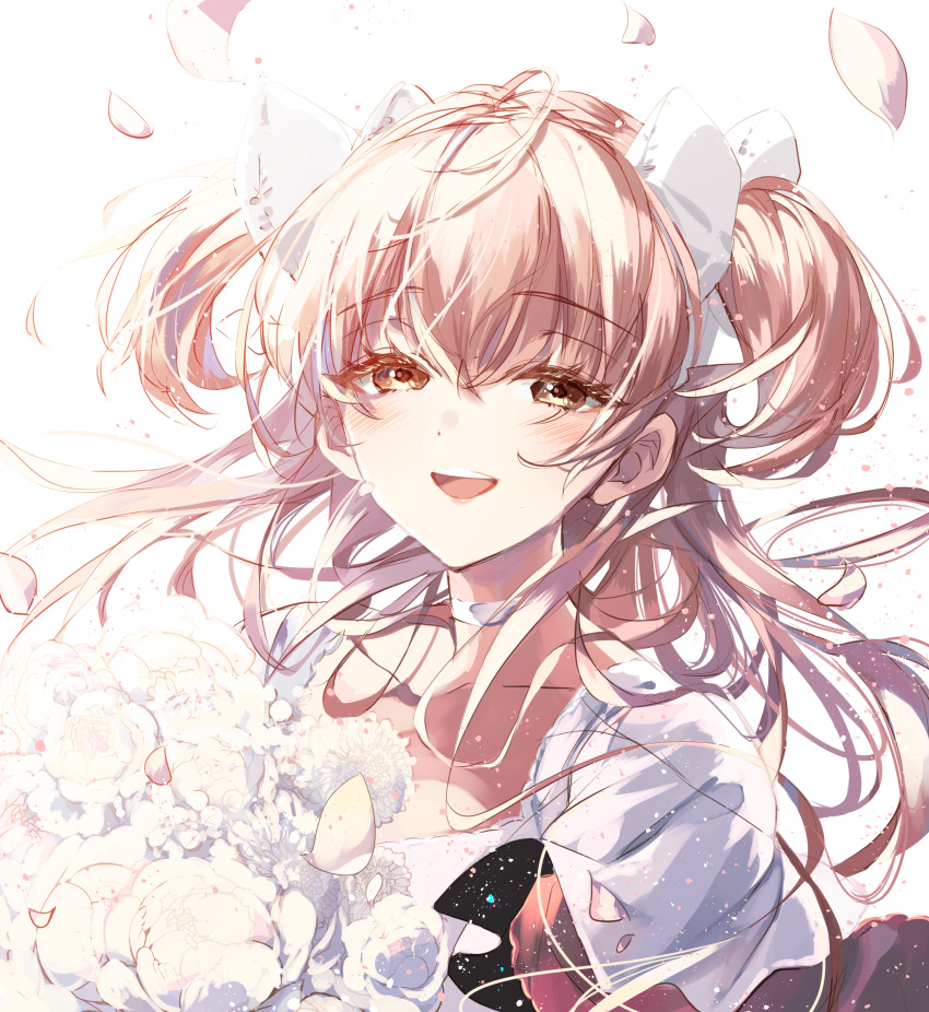 1girl absurdres bouquet carnation choker clothes_lift collarbone dot_nose eyebrows_visible_through_hair eyelashes floating_hair flower goddess_madoka hair_ribbon half-closed_eyes highres holding holding_bouquet kaname_madoka layered_sleeves light_blush light_particles long_eyelashes long_hair looking_at_viewer mahou_shoujo_madoka_magica misteor open_mouth petals pink_hair ribbon simple_background smile solo straight_hair teeth two_side_up upper_body upper_teeth very_long_hair white_background white_choker white_flower white_ribbon wide_sleeves yellow_eyes