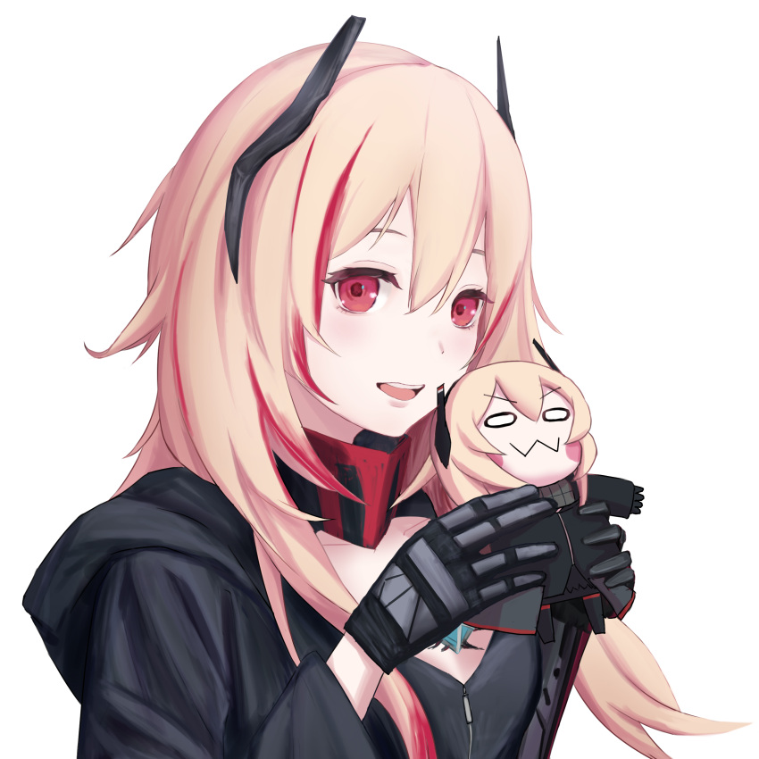2girls :3 absurdres bangs black_jacket blonde_hair blush_stickers chibi commentary_request eni_rei eyebrows_visible_through_hair girls_frontline gloves hair_between_eyes headgear highres holding holding_person jacket long_hair long_sleeves m4_sopmod_ii_(girls'_frontline) m4_sopmod_ii_jr multicolored_hair multiple_girls open_mouth red_eyes redhead simple_background smile streaked_hair teeth upper_body upper_teeth white_background
