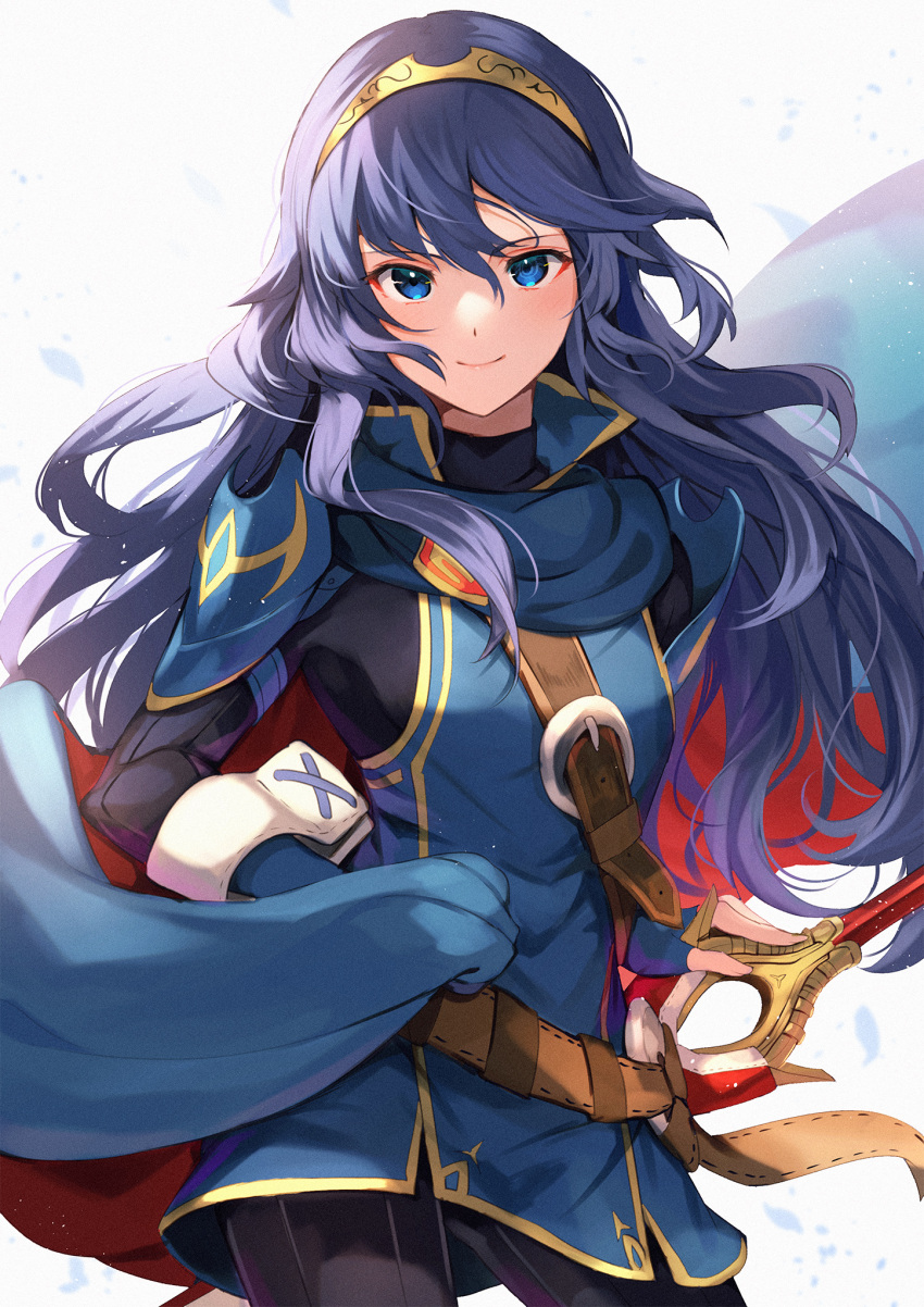 1girl bangs blue_eyes blue_hair blush cape falchion_(fire_emblem) fingerless_gloves fire_emblem fire_emblem_awakening gloves hair_between_eyes highres long_hair looking_at_viewer lucina_(fire_emblem) nakabayashi_zun simple_background smile solo sword tiara weapon