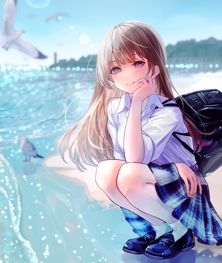 1girl :d backpack bag bare_legs beach bird blue_skirt blurry blurry_background bokeh brown_hair collared_shirt commentary_request depth_of_field eyebrows_visible_through_hair eyelashes forehead forest frilled_skirt frills full_body hair_between_eyes hand_on_own_face highres ito_lab lighthouse long_hair looking_at_viewer multicolored_hair nature ocean open_mouth original outdoors plaid plaid_skirt pleated_skirt purple_hair redhead sand school_uniform seagull shirt shoes skirt smile socks solo squatting tree uniform water waves white_shirt