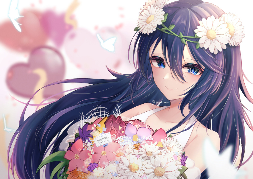 1girl absurdres bangs bare_shoulders blue_eyes blue_hair bug butterfly collarbone dated dress fire_emblem fire_emblem_awakening fire_emblem_heroes flower hair_between_eyes hair_flower hair_ornament happy_birthday heart highres holding holding_flower long_hair looking_at_viewer lucina_(fire_emblem) reia_hana sleeveless sleeveless_dress smile solo symbol-shaped_pupils symbol_in_eye twitter_username very_long_hair white_dress