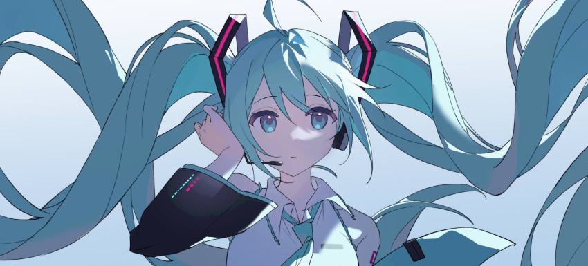 1girl ame_ame armpit_crease bare_shoulders black_sleeves blue_eyes blue_hair blue_necktie breasts closed_mouth collared_shirt detached_sleeves eyebrows_visible_through_hair floating_hair gradient gradient_background hair_between_eyes hand_on_own_head hand_up hatsune_miku headset highres light_blue_background long_hair looking_away medium_breasts microphone necktie serious shirt shoulder_tattoo sidelighting simple_background sleeveless sleeveless_shirt solo tattoo tie_clip tsurime twintails upper_body very_long_hair vocaloid white_shirt wide_sleeves