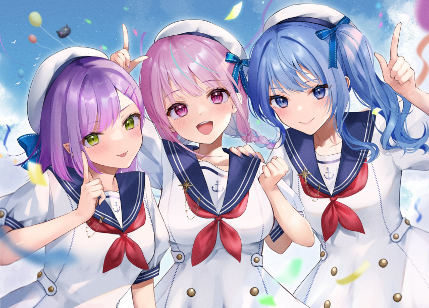 3girls alternate_costume balloon bangs blue_eyes blue_hair blush bob_cut braid breasts commentary_request confetti dress eyebrows_visible_through_hair flat_chest green_eyes hair_ornament hair_ribbon hairclip hand_on_another's_shoulder hat highres hololive hoshimachi_suisei imo_norio medium_breasts medium_hair minato_aqua multicolored_hair multiple_girls open_mouth pink_hair pointy_ears purple_hair ribbon round_teeth sailor_collar sailor_dress sailor_hat short_hair short_sleeves side_ponytail small_breasts smile star_(symbol) star_in_eye streaked_hair symbol_in_eye teeth tokoyami_towa tongue tongue_out twin_braids two-tone_hair violet_eyes virtual_youtuber