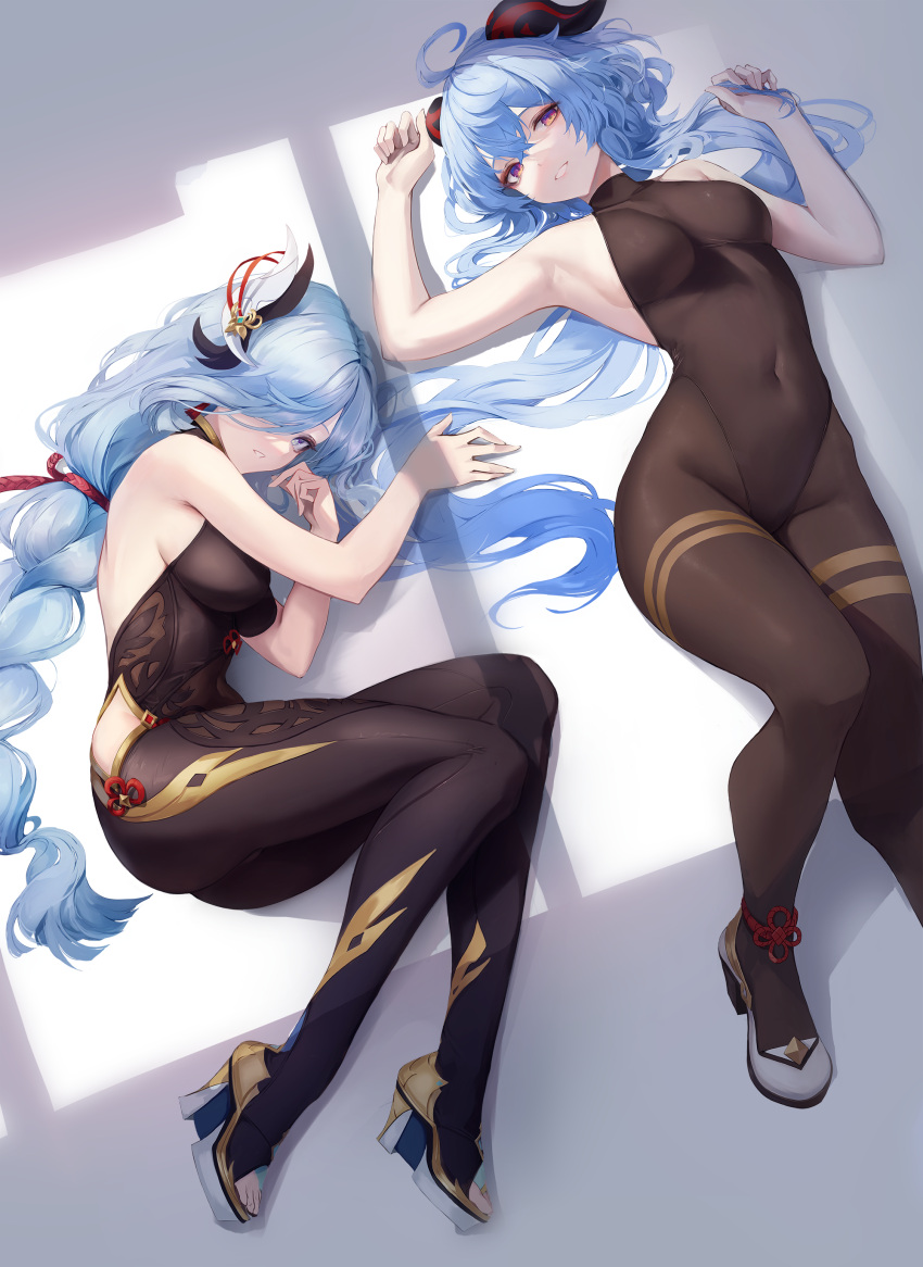 2girls absurdres ahoge armpit_crease armpits arms_up ass bangs bare_shoulders black_bodysuit blue_eyes blue_hair bodystocking bodysuit braid braided_ponytail breasts chinese_knot clothing_cutout crossed_bangs curvy eyebrows_visible_through_hair from_above ganyu_(genshin_impact) genshin_impact goat_horns gold_trim gradient_eyes green_eyes groin hair_ornament hair_over_one_eye halterneck high_heels highres hiki_niito horns leotard leotard_under_clothes long_hair looking_at_viewer lying medium_breasts midriff multicolored_eyes multiple_girls navel on_back on_side shenhe_(genshin_impact) shoes short_hair_with_long_locks sideboob skin_tight smile teeth thighs very_long_hair violet_eyes