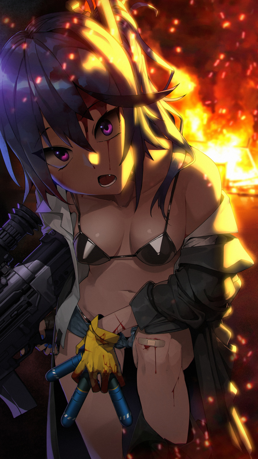 1girl absurdres asymmetrical_gloves bandaid bandaid_on_knee bandaid_on_leg bikini black_bikini black_gloves blood blue_hair blue_nails breasts coat collarbone cuts daewoo_k11 denim denim_shorts fingerless_gloves fire girls_frontline gloves gun hair_between_eyes highres holding holding_gun holding_weapon injury k11_(girls'_frontline) long_hair looking_at_viewer lower_teeth medium_breasts mismatched_gloves nail_polish navel off_shoulder open_mouth sd_bigpie short_shorts shorts solo swimsuit teeth violet_eyes weapon yellow_gloves