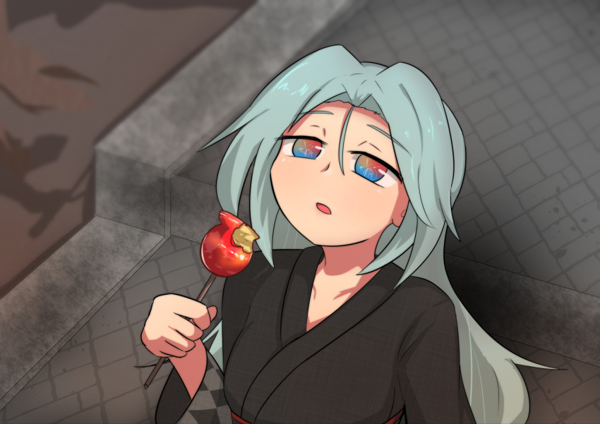 100_percent_orange_juice 1girl alternate_costume arm_support bangs black_kimono breasts bunsan candy_apple commentary_request food grey_hair japanese_clothes kimono long_hair long_sleeves looking_away multicolored_eyes official_alternate_costume open_mouth parted_bangs sash small_breasts star_breaker very_long_hair wide_sleeves