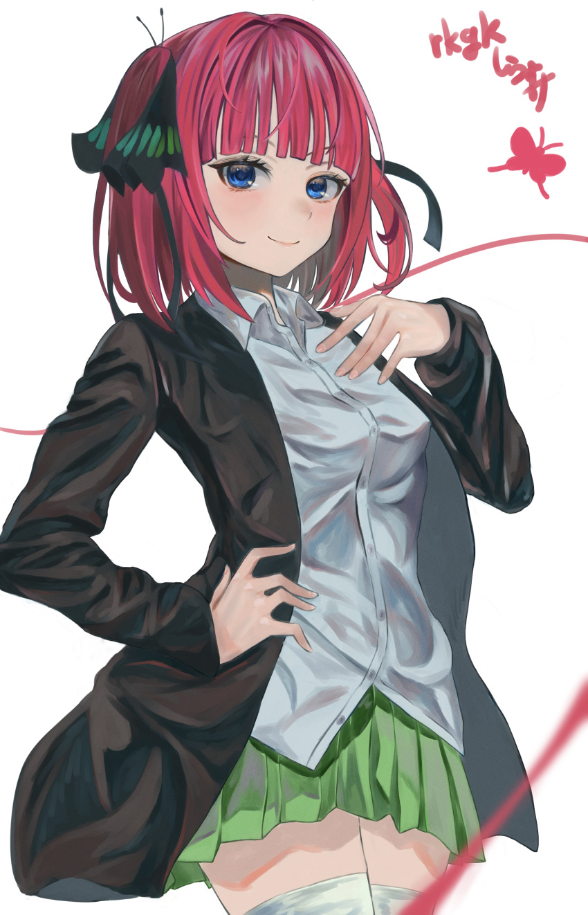 1girl absurdres bangs black_cardigan blue_eyes blunt_bangs breasts bug butterfly butterfly_hair_ornament cardigan eyebrows_behind_hair go-toubun_no_hanayome green_skirt hair_ornament highres large_breasts looking_at_viewer nakano_nino open_cardigan open_clothes pink_hair raised_eyebrows shirasuke_0822 shirt simple_background skirt sleeves_past_wrists smile string string_of_fate thick_thighs thigh-highs thighs twintails uniform white_background white_legwear white_shirt zettai_ryouiki