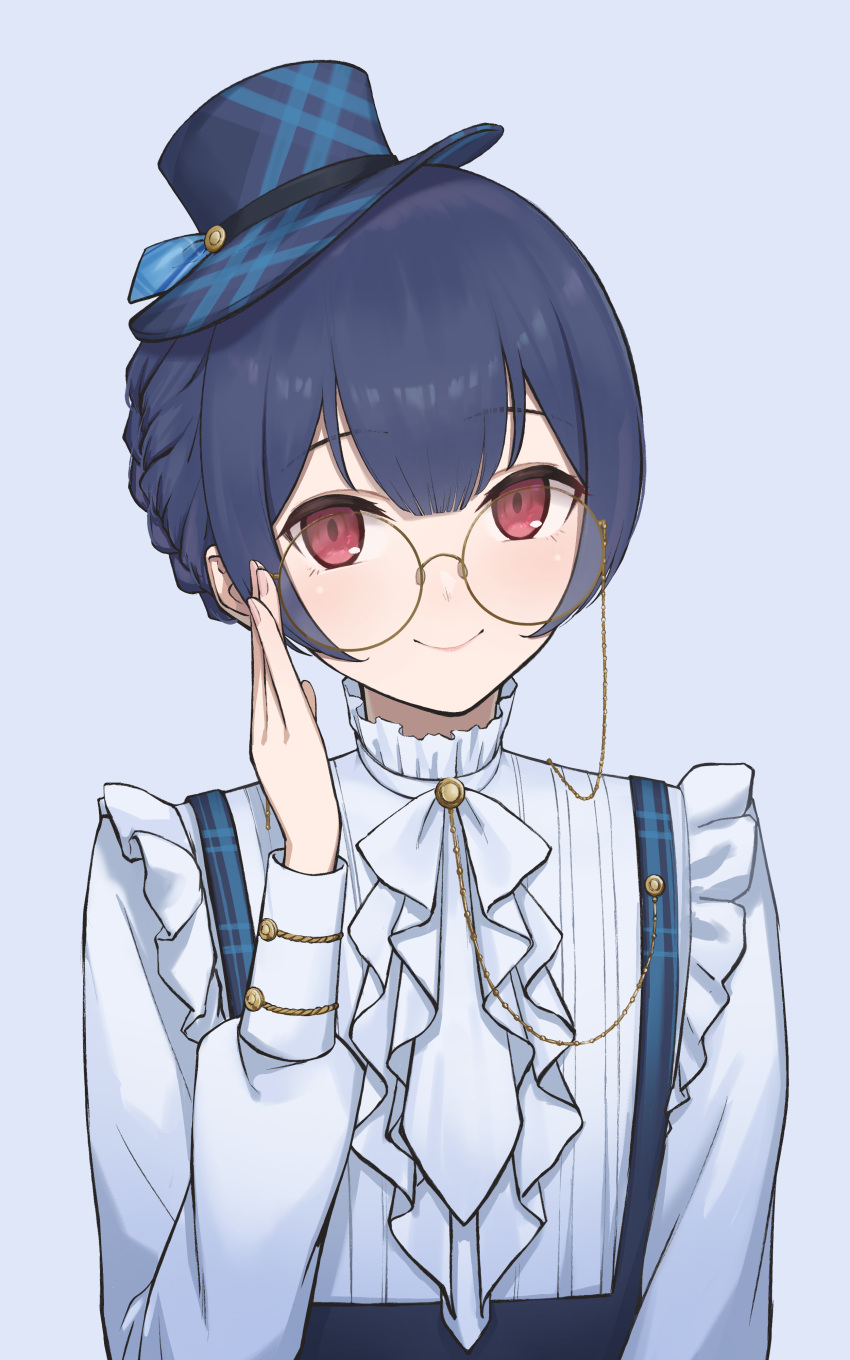 1girl absurdres adjusting_eyewear bangs blue_background blue_hair closed_mouth clothing_request flat_chest glasses hand_up hat highres idolmaster idolmaster_shiny_colors long_sleeves looking_at_viewer morino_rinze red_eyes round_eyewear shirt short_hair simple_background sjuno smile solo